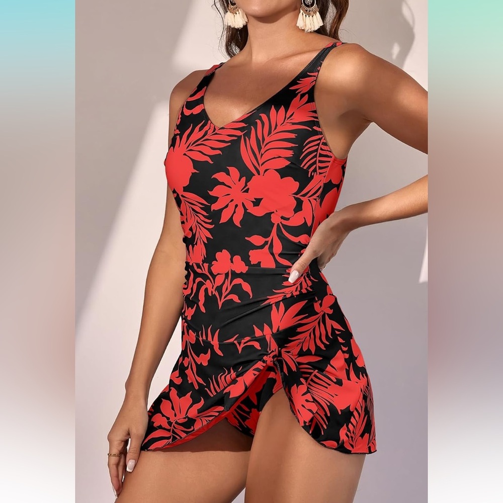 Red and Black Floral Swimsuit